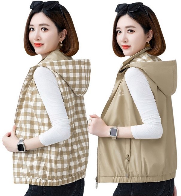 MOSAIRATION 여성용 리버시블 체크 패턴 후드 베스트 캐주얼 양면 조끼 Y092910 CC할인