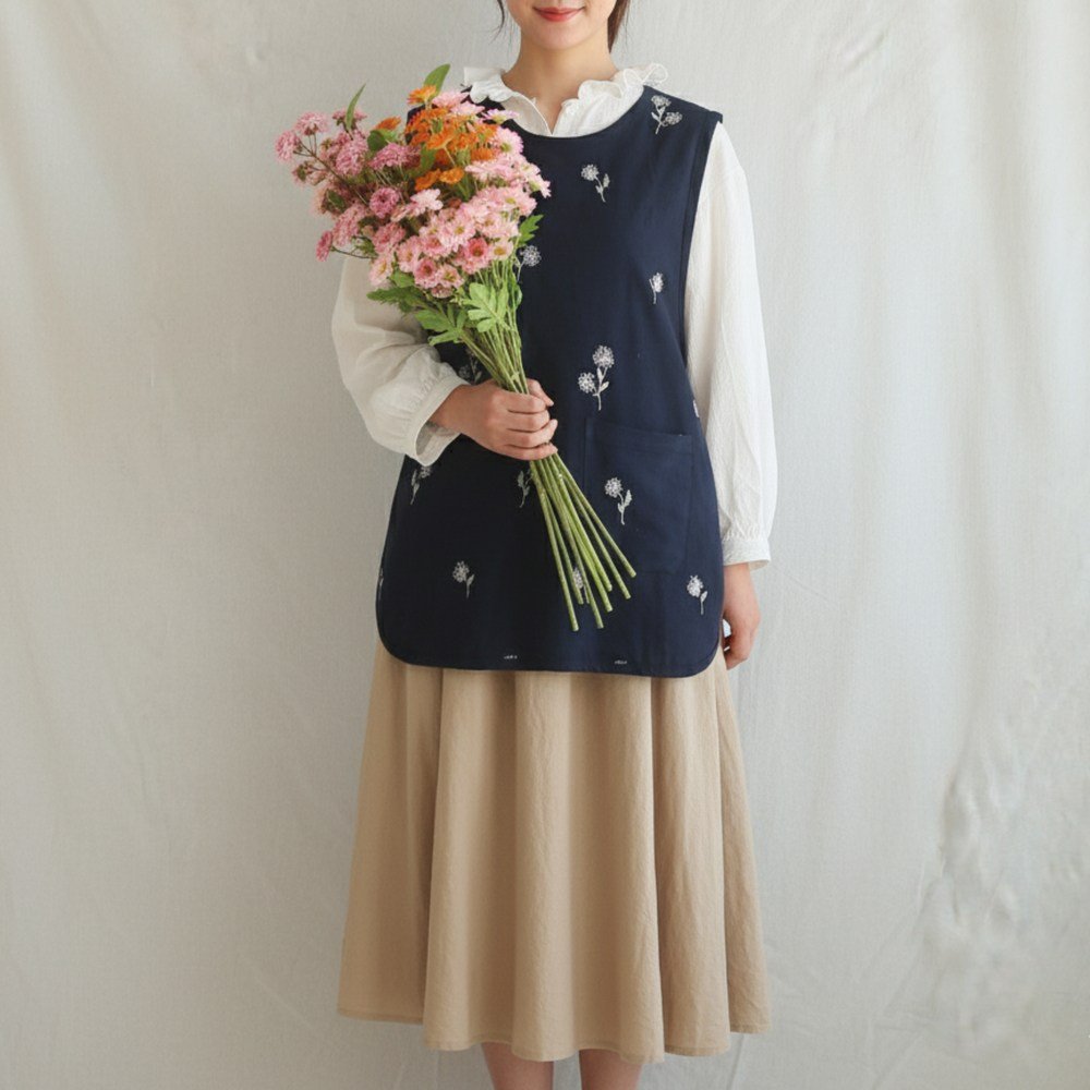 AREEZEN 브랜드공정 미니 앞치마 옆트임 체형커버 플라워 공방 유니폼, 1개, 꽃네이비할인 상세 이미지 1