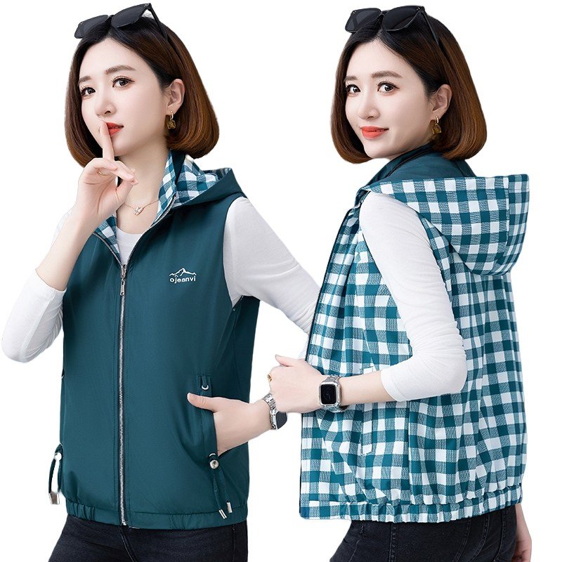 MOSAIRATION 여성용 리버시블 체크 패턴 후드 베스트 캐주얼 양면 조끼 Y092910 CC할인 상세 이미지 1