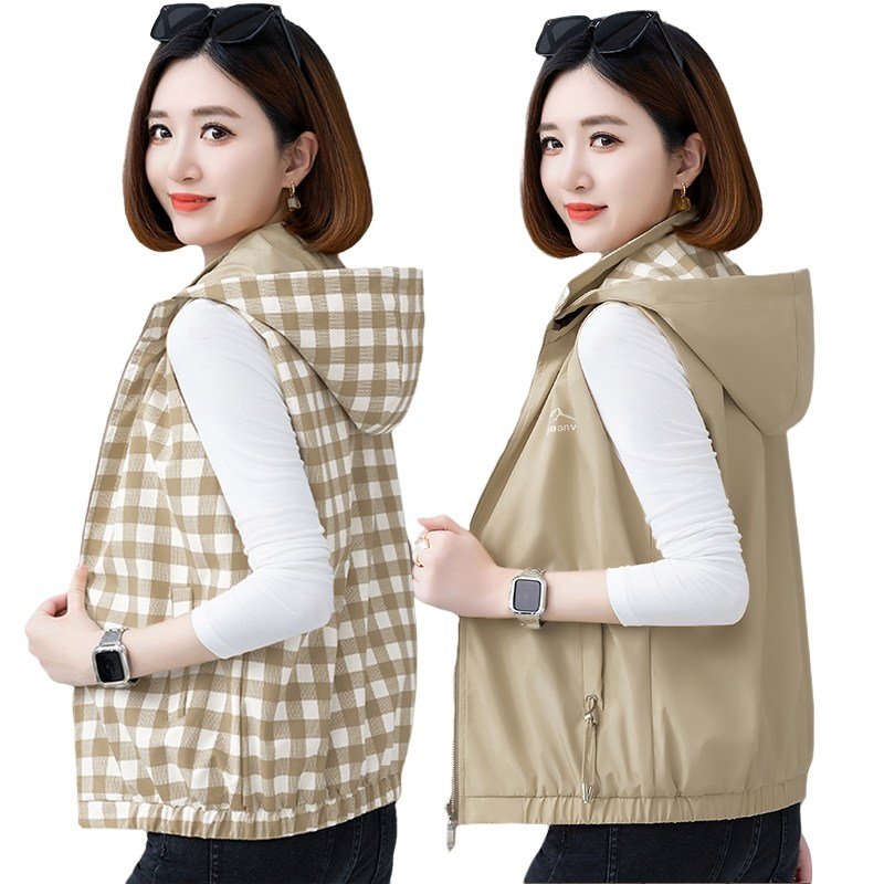 MOSAIRATION 여성용 리버시블 체크 패턴 후드 베스트 캐주얼 양면 조끼 Y092910 CC할인 상세 이미지 1