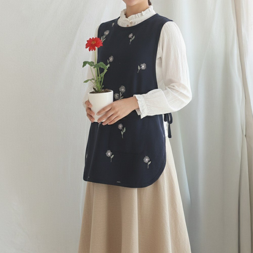 AREEZEN 브랜드공정 미니 앞치마 옆트임 체형커버 플라워 공방 유니폼, 1개, 꽃네이비할인 상세 이미지 1