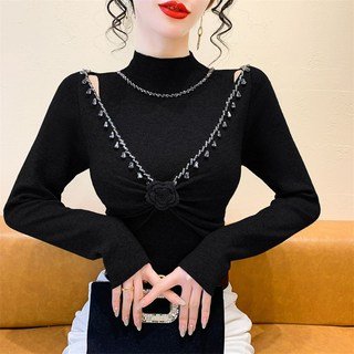 페이준 여성 봄 가을 큐빅 펀칭 반폴라 플라워 나트 데일리 통근 셔링 슬림핏 스웨터 톱 YF12A913할인